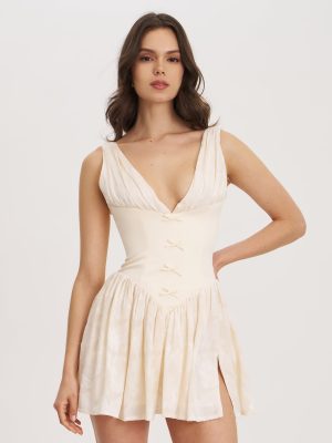 Zahara Off White Jacquard Drop Waist Mini Dress
