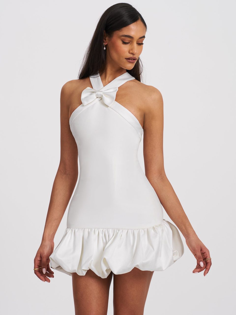 Barbra White Cross Straps Bodycon Mini Dress with Bubble Hem