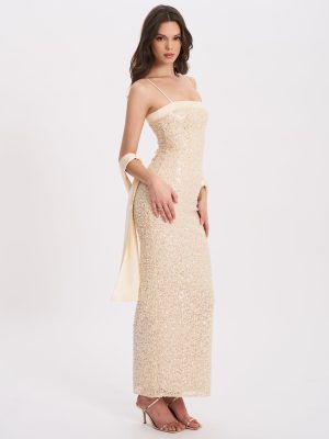 Raizel Gold Beaded Sequin Bodycon Gown with Scarf