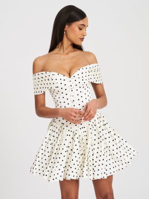 Edeline Polka Dot Off-shoulder Pleated Mini Dress