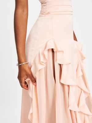 Talyssa Baby Pink Ruched Waist Double High Slit Maxi Gown