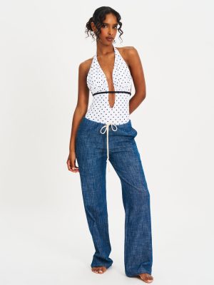 Olive White Base Polka Dot Ruched Breast Halter Backless Swimsuit