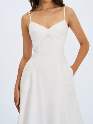 Corinne White Poplin Flared Maxi Dress with Removable Bow