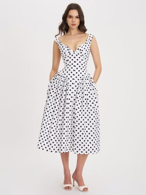 Rahma Polka Dot Drop Waist Midi Cotton Poplin Dress