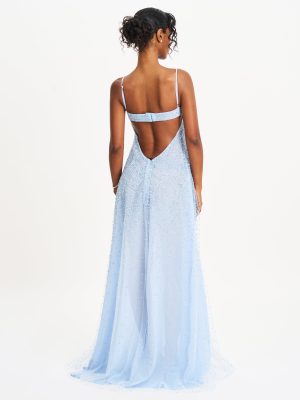 Wallie Baby Blue Rhinestone Embellished Mesh Backless Gown