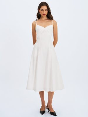 Corinne White Poplin Flared Maxi Dress with Removable Bow