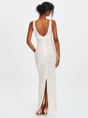 Adelaide White Beaded Sequin Net Bodycon Gown
