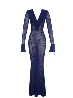 Ilyse Navy V-Neck Plunge Animal Print Mermaid Hem Maxi Dress
