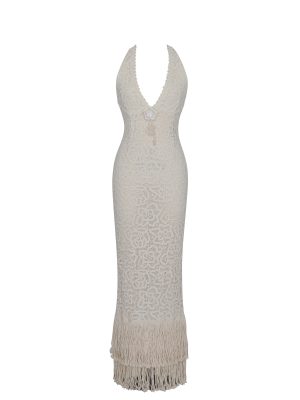 Faelyn Off-White Double Fringe Crochet Halter Maxi Dress
