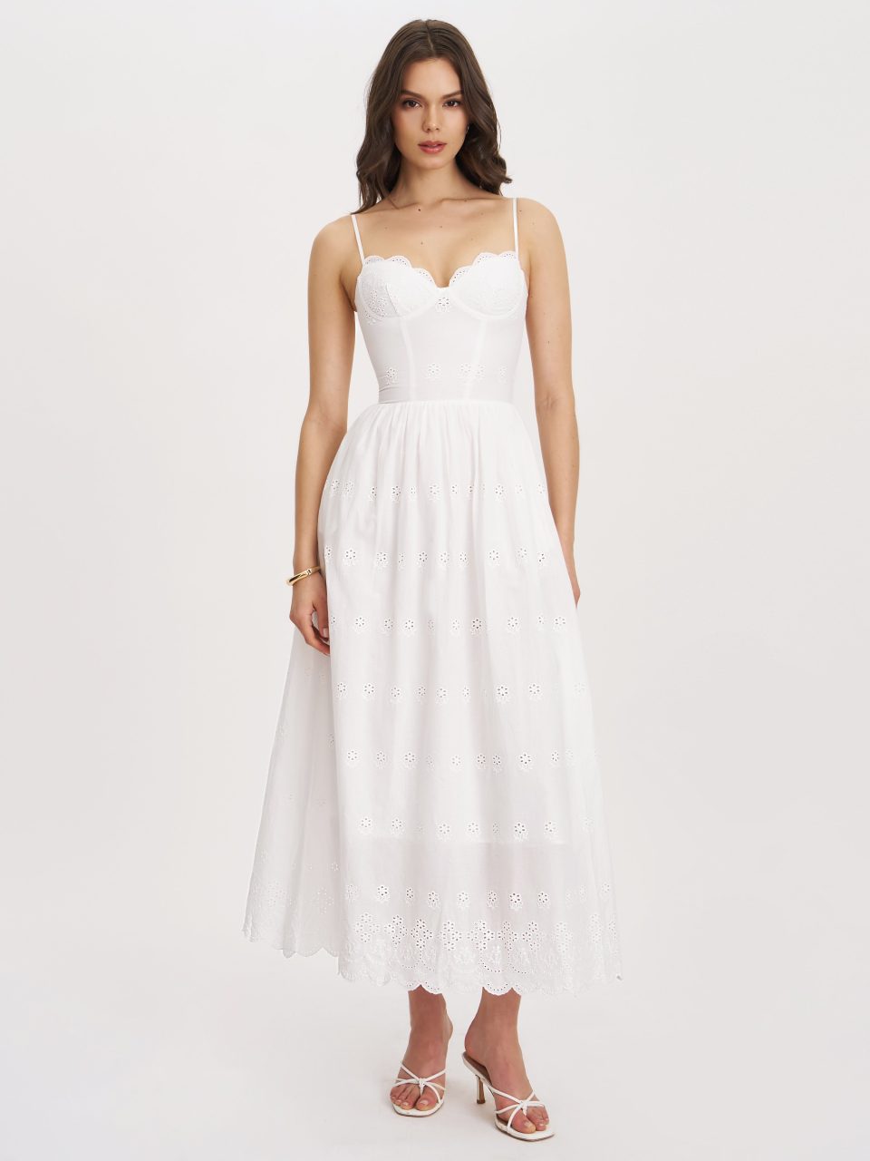 Oberon White Cotton Eyelet Lace-Up Back Maxi Dress