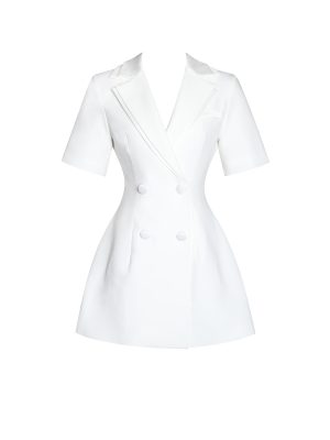 Madelina White Double Breast Satin Trim Blazer Dress