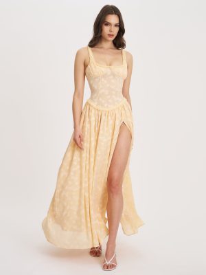 Ulissa Orange Square Neck Jacquard Textured High Slit Maxi Dress