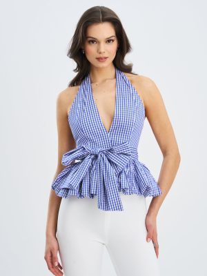 Ilene Blue and White Checkered Bubble Hem Halter Top