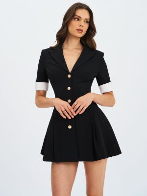 Ilitha Black Woven Crepe Pleated A-Line Mini Dress