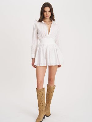 Gabriella White Cotton Eyelet Button Up Long Sleeve Shirt Dress