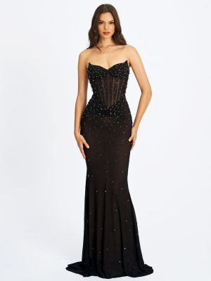 Fatima Black Crystal Sleeveless Corset Mermaid Maxi Dress