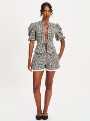 Qusayla Black Gingham Bubble Sleeve Bowtie Top