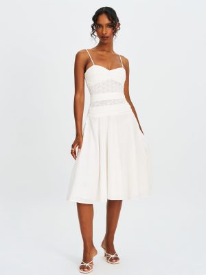 Maelis White Eyelet Drop Waist Cotton Midi Dress