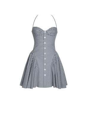 Melody Navy Blue Railroad Stripe Halter Drop Waist Mini Dress