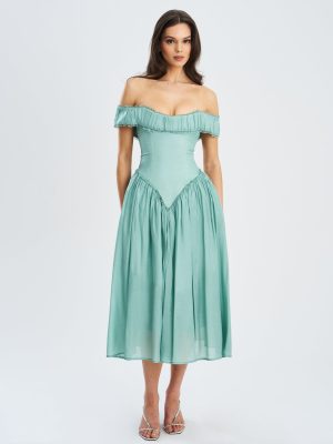 Xavy Teal Green Off Shoulder Corset Midi Dress