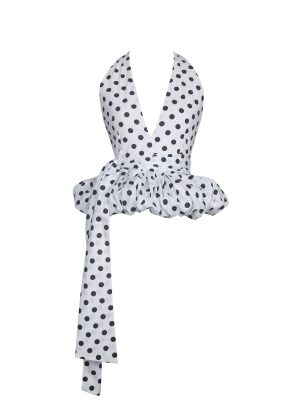 Ilene White and Black Polka Dot Bubble Hem Halter Top
