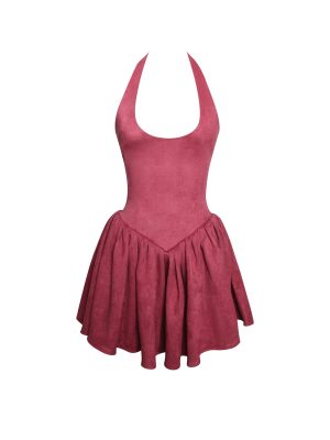 Hadara Burgundy Suede Halter Mini Full Dress