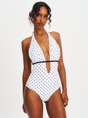 Olive White Base Polka Dot Ruched Breast Halter Backless Swimsuit