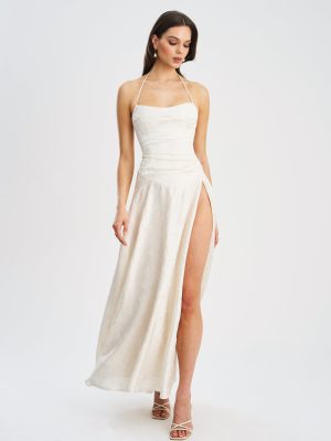 Raegan Pearl White Jacquard Ruched Maxi Dress