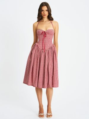 Susanna Red Gingham Halter Drop Waist Midi Dress