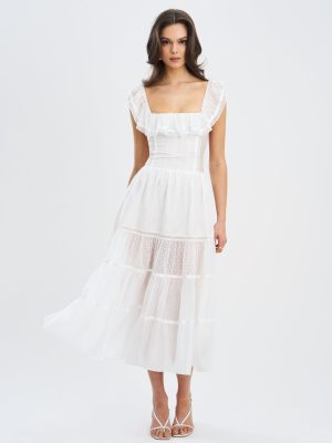 Eden Square Neck Ruffle Trim High Waist Midi Dress