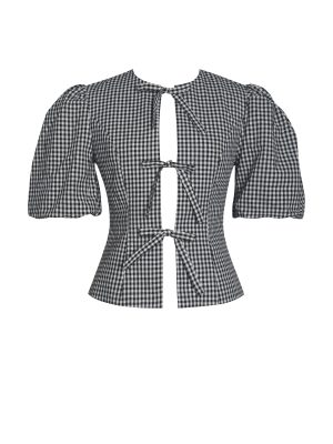 Qusayla Black Gingham Bubble Sleeve Bowtie Top