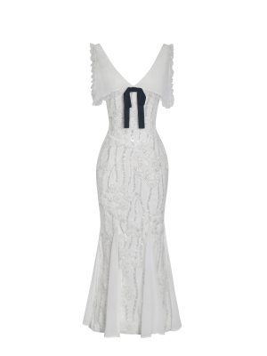 Paola White Peter Pan Collar Beaded Sequin Mermaid Midi Dress