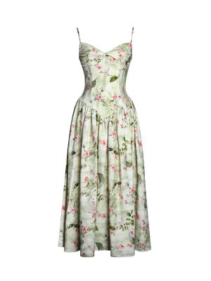Jacinda Green Floral Print Ruched Breast Linen Midi Dress