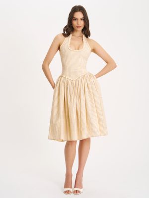 Idella Yellow Gingham U Neck Midi Dress