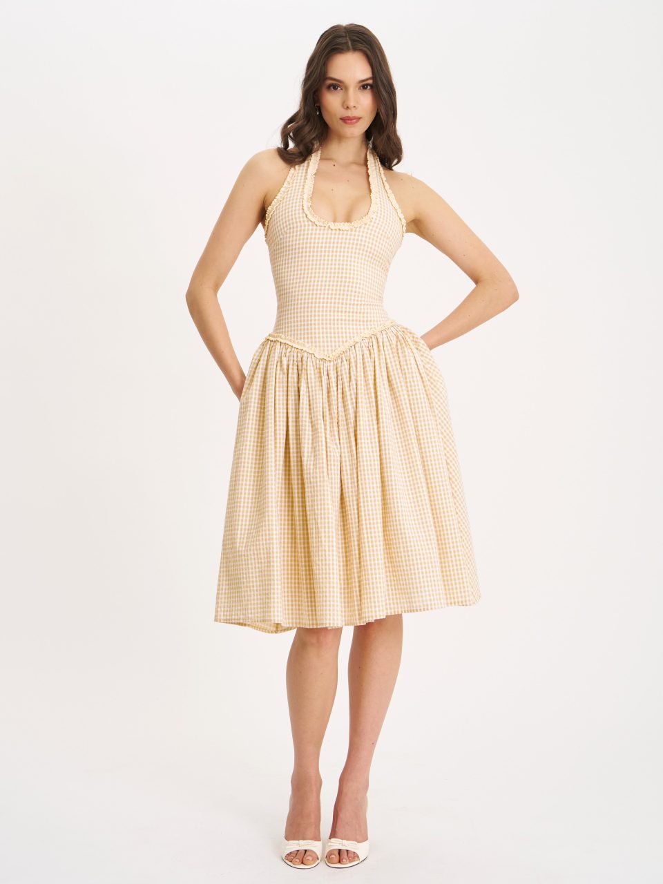 Idella Yellow Gingham U Neck Midi Dress