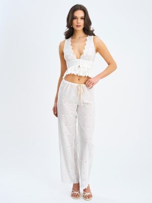 Raina White Cotton Eyelet Straight Pants