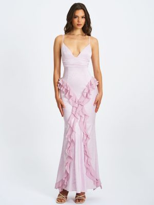 Paolina Taro Pink Jacquard Ruffle Mermaid Maxi Dress