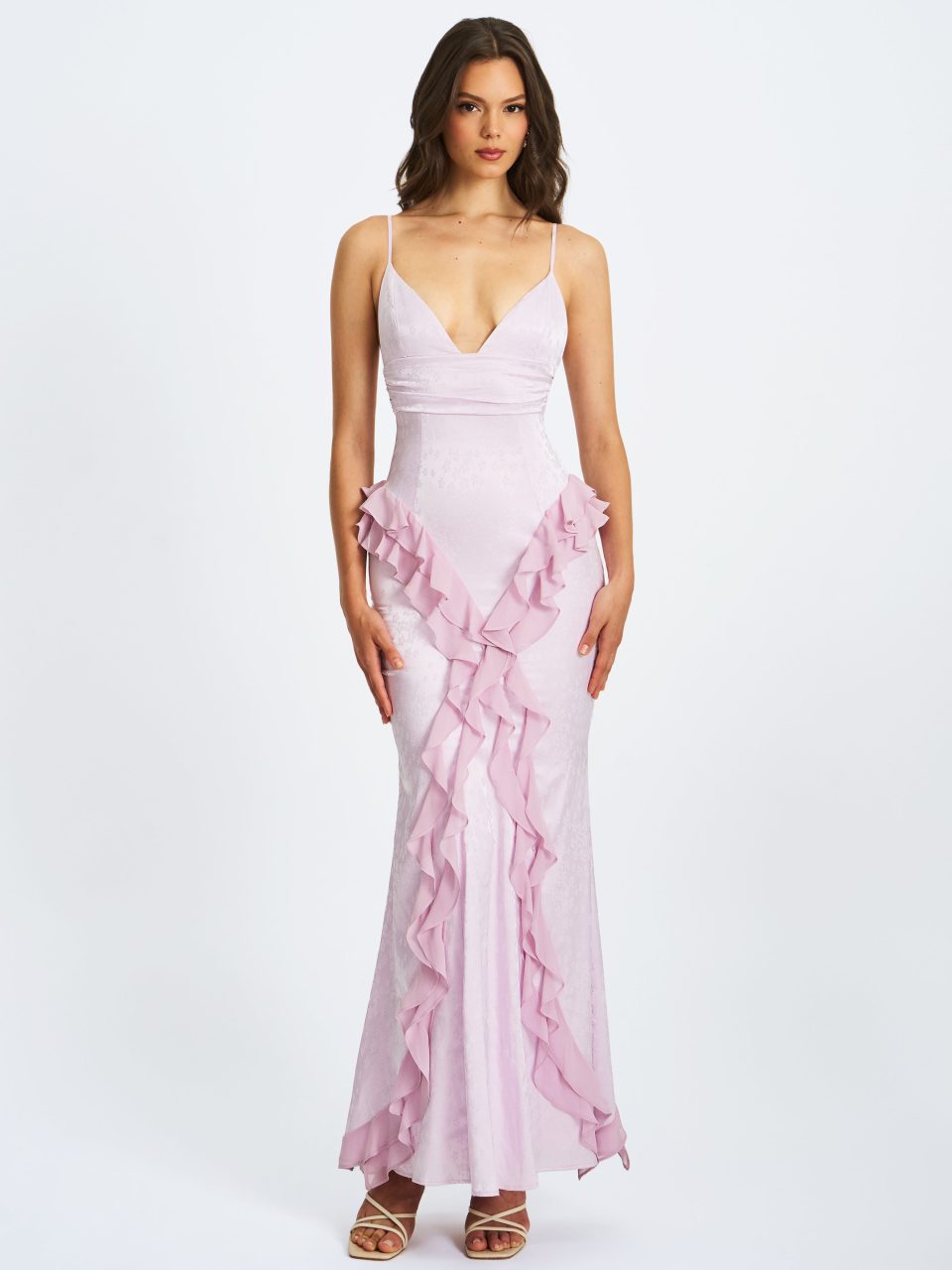 Paolina Taro Pink Jacquard Ruffle Mermaid Maxi Dress