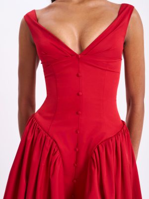 Nahla Red Drop Waist Midi Dress with Buttons