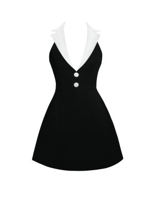 Ignacia Office Casual Black and White Halter Mini A-line Dress