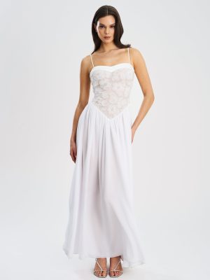 Ucille White Embroidered Chiffon Maxi Dress