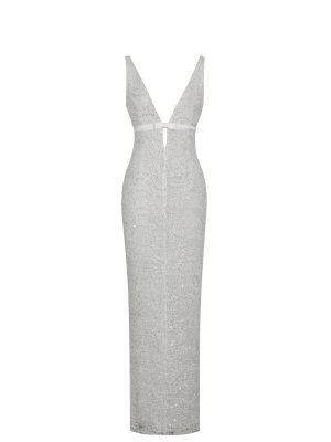 Adelaide White Beaded Sequin Net Bodycon Gown