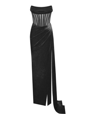 Priya Black Draping Corset High Slit Velvet Gown
