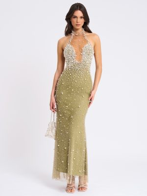 Ginny Pear Green Pearl Embellished Backless Gown
