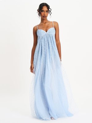 Wallie Baby Blue Rhinestone Embellished Mesh Backless Gown