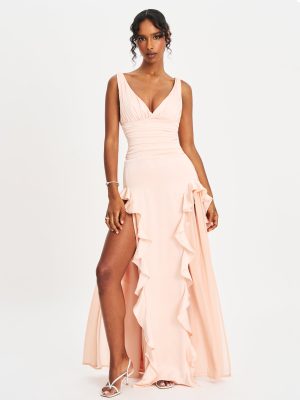 Talyssa Baby Pink Ruched Waist Double High Slit Maxi Gown