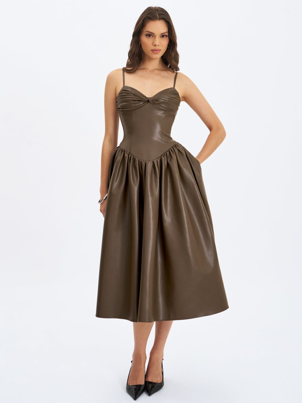 Parisia Cocoa Vegan Leather Drop Waist Maxi Dress