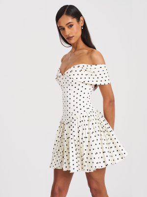 Edeline Polka Dot Off-shoulder Pleated Mini Dress