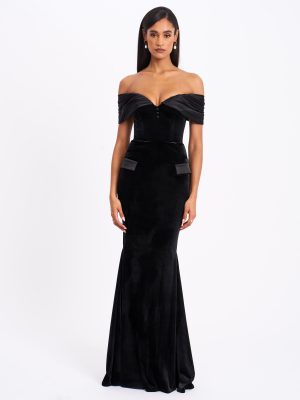 Qamra Black Velvet Off Shoulder Mermaid Maxi Dress