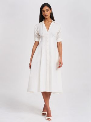 Palina Lyocell Pleated Midi Preppy Shirt Dress